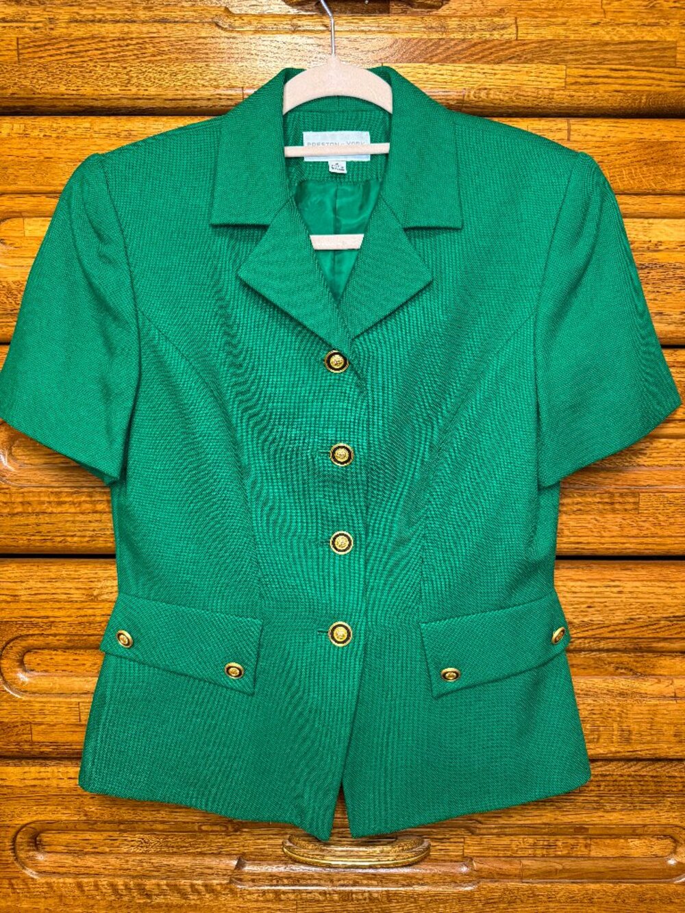 Vintage Preston & York Emerald Green Short Sleeve Blazer Jacket Gold Buttons Siz